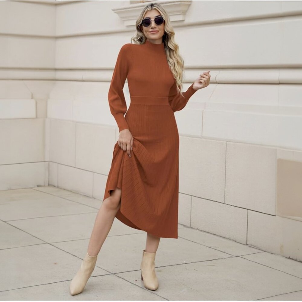 💕Women's 2 Piece Sweater Dress Mock Neck Puff Sleeve Pullover Knitted 💕
